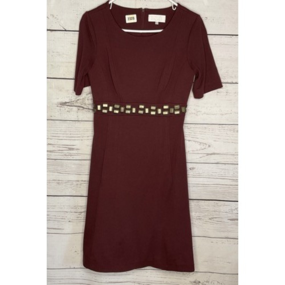 Badgley Mischka Burgundy Short Sleeve Sheath Cocktail Midi Dress Women 2 China